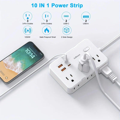 Ultra-Thin Surge Protector Power Strip — 6 Outlets + 4 USB Ports, 5ft Extension Cord | Flat Plug Wall Mount Adapter for Home & Office
