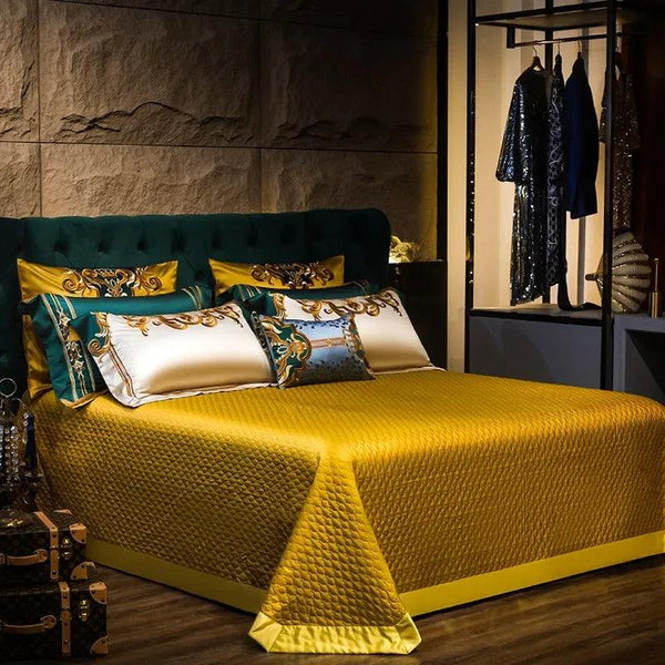 Gold and Green Satin Embroidery Patchwork Duvet Cover Queen King Luxury Royal Bedding Sets Cotton Bed Sheet Bedspread Pillowcase - Gifts for You 'n Me