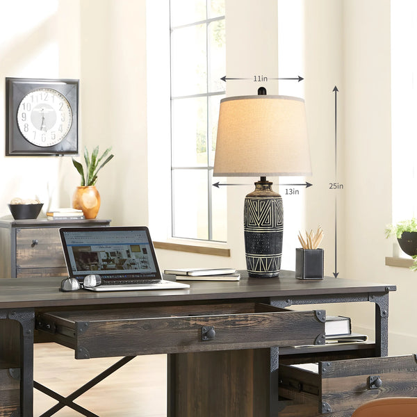 2 Pack 25-Inch Carved Geometric Ceramic Table Lamp With Linen Shade, Southwest's Rustic Accent Lamps For Living Room End Tables
