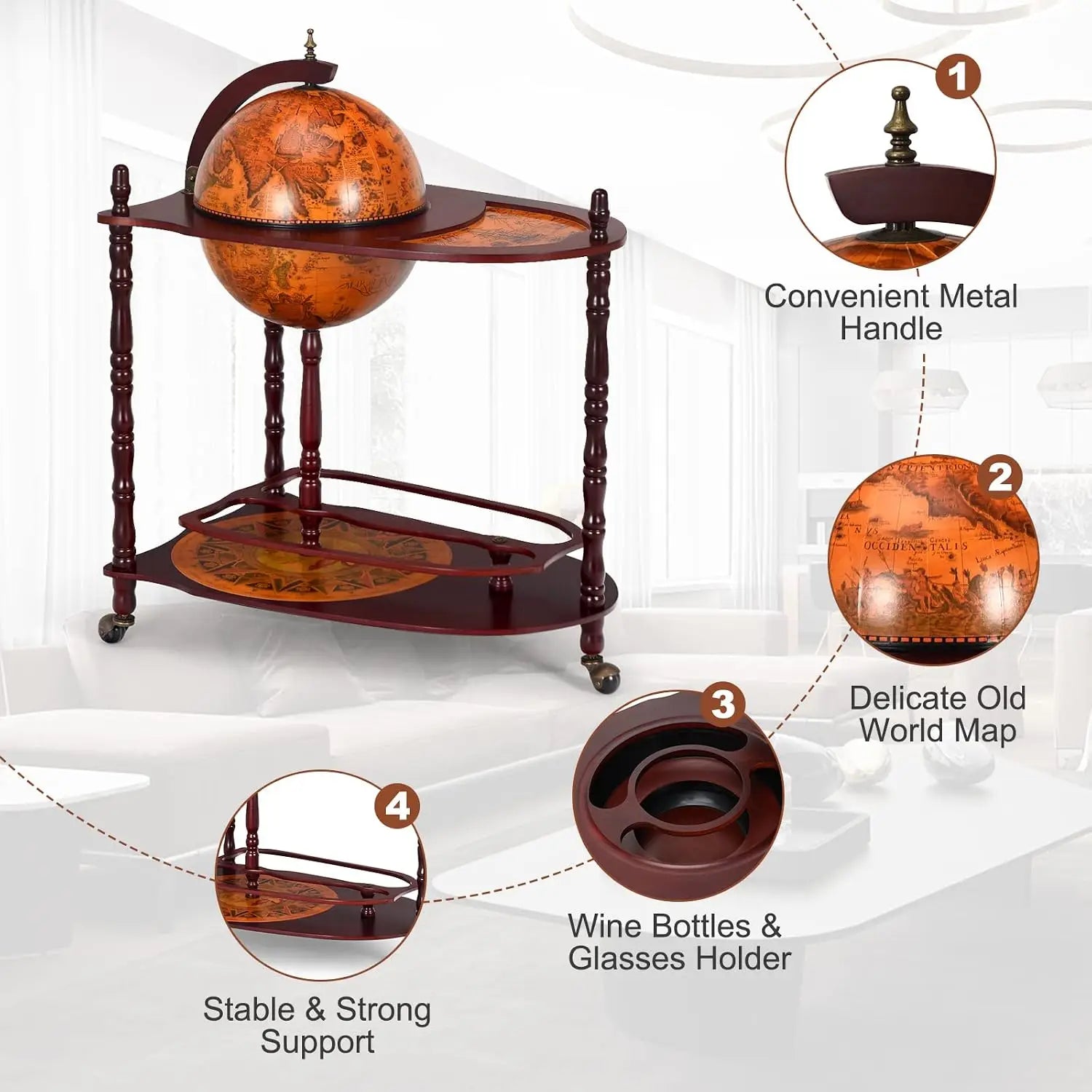 Vintage Globe Bar Cart with Wheels & Shelf, 16th Century Replica Map, Retro Liquor Cabinet for Living Room, 34.5