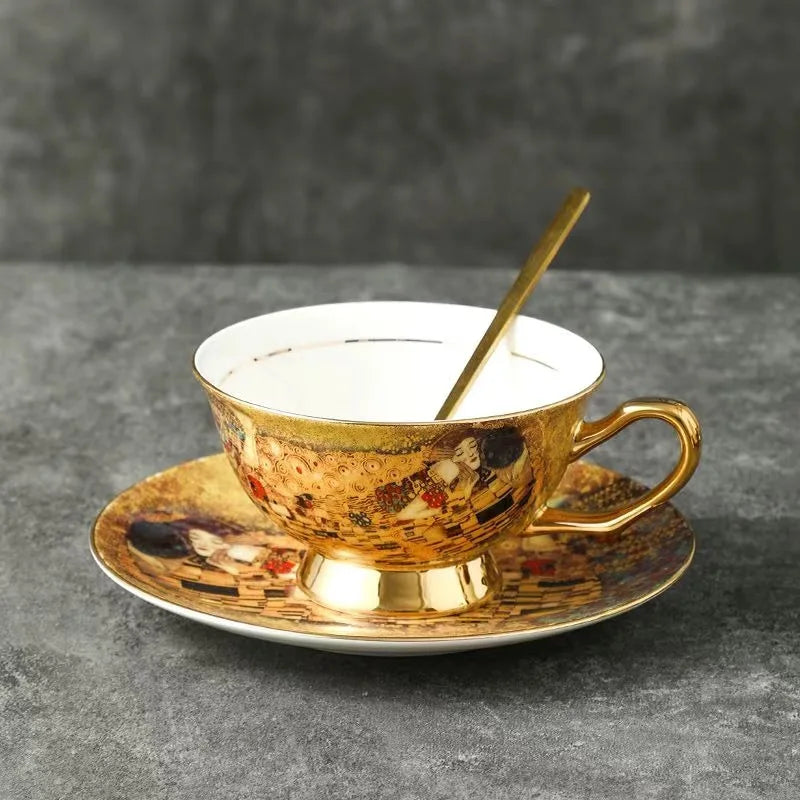 Klimt Kiss Bone China Mugs Coffee Cups With Spoon Gustav klimt Porcelain Wedding Birthday Gifts Office Household Drinkware