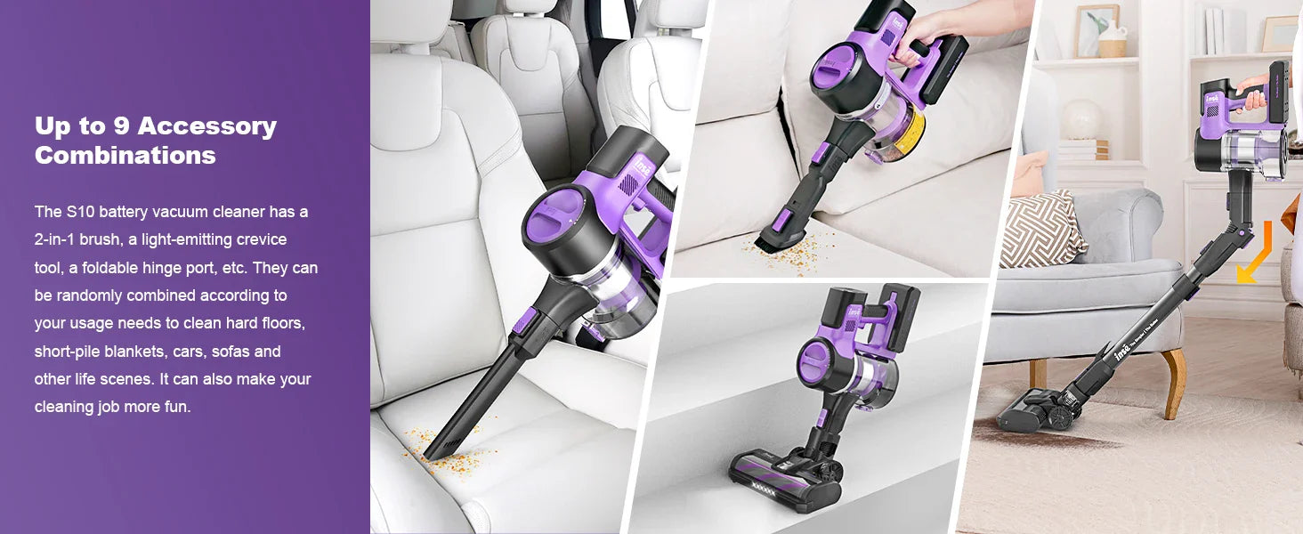 Cordless Vacuum Cleaner, 6-in-1 Stick Vacuum with 30Kpa 350W Suction offers up to 9 accessory combinations for cleaning cars, sofas, and hard floors.