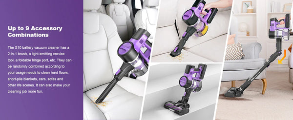 Cordless Vacuum Cleaner, 6-in-1 Stick Vacuum with 30Kpa 350W Suction offers up to 9 accessory combinations for cleaning cars, sofas, and hard floors.