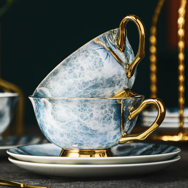 3Pcs Marble Electric Blue Bone China Coffee Cup Spoon Dish Suit Latte Art Cup Household Tea Set for Light Luxury Business Gifts
