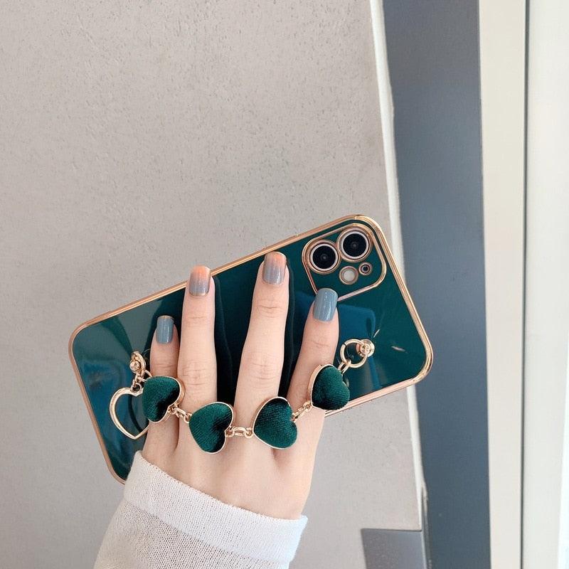 Luxury Women Silicone Phone Case Cover With Wrist Chain Bracelet for iPhone  Wristband Bracelet Hand Holder Cover for iPhone 13 12 11 Pro Max plating Case Heart Chain Cases for iPhone 7 8 Plus XR XS Max X