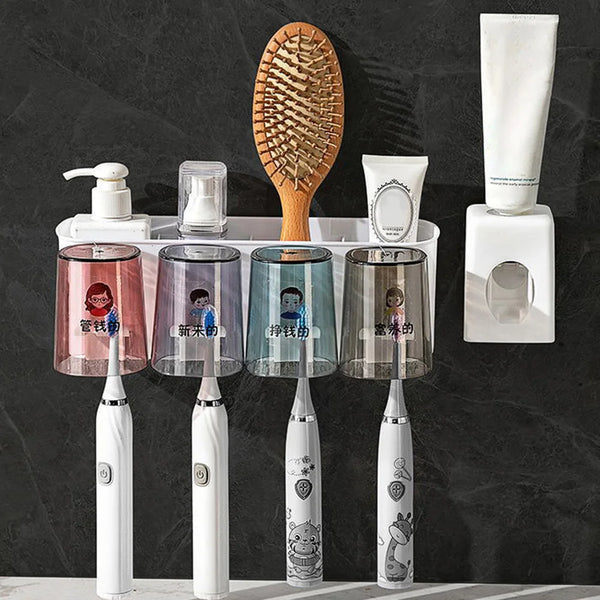 Wall Mounted Automatic Toothpaste Dispenser with Toothbrush Holder No Drilling Multifunctional Bathroom Organiser