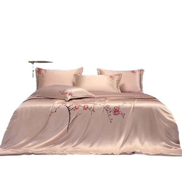 25mm Mulberry Silk Flowers Bedding set Top Grade Luxury Mulberry Silk Soft Duvet Cover Bed sheet 2Pillowcases Double Queen King