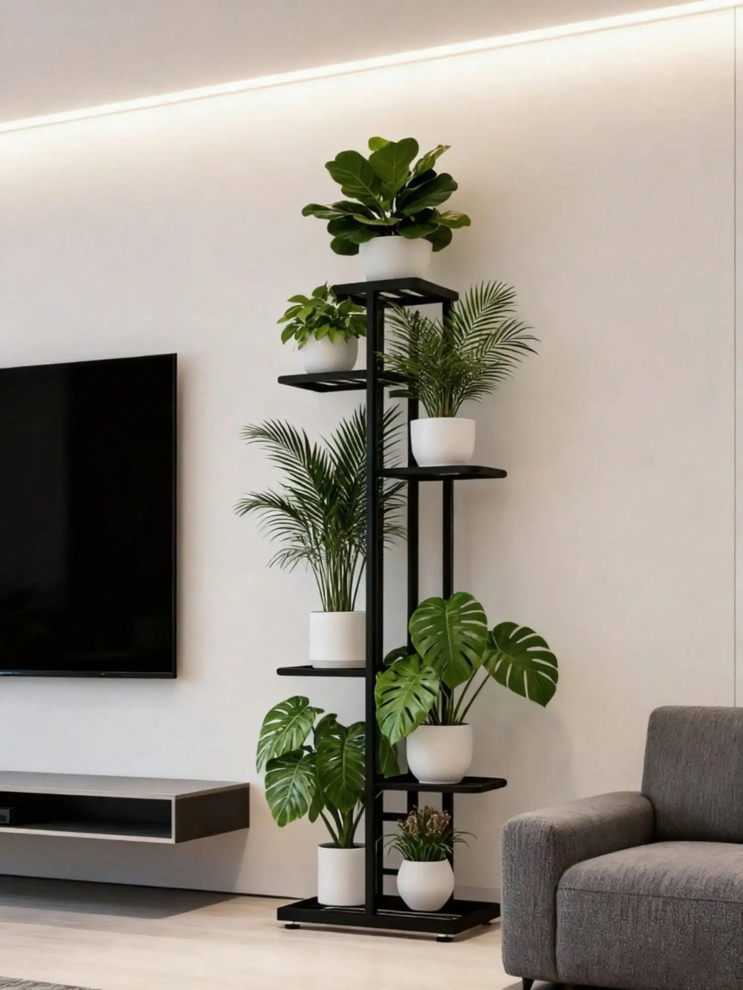 Plant Stand Indoor Modern Black Metal 6 5 4 Tier Tall Vertical Flower Pot Holder Shelf Space Saving Corner Multi Layer Storage Rack For Living Room Balcony Garden Patio Home Decor Housewarming Gift Plant Lovers