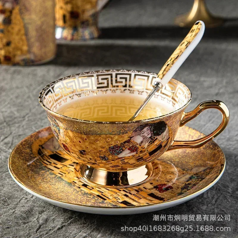 Klimt Kiss Bone China Mugs Coffee Cups With Spoon Gustav klimt Porcelain Wedding Birthday Gifts Office Household Drinkware