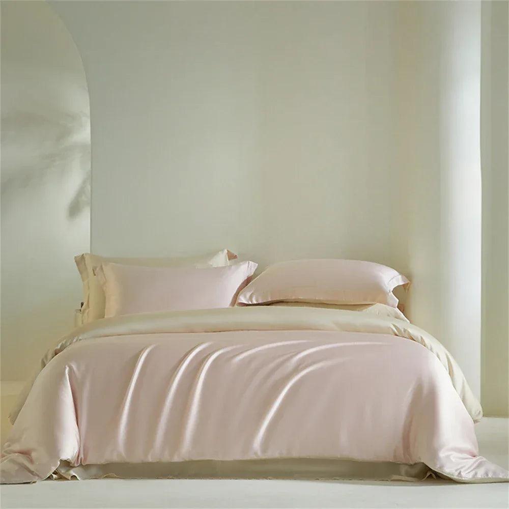 Liv-Esthete Women Pink 100% Silk Bedding Set Healthy Silky Double Color Queen King Duvet Cover Flat Sheet Pillowcase Bed Linen - Gifts for You 'n Me