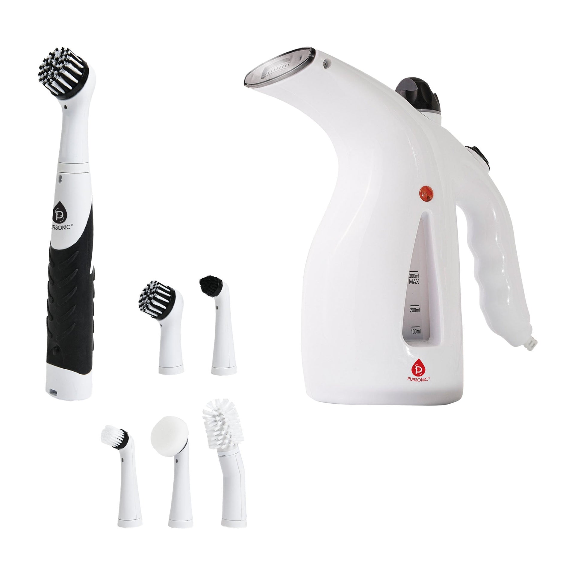 Cordless Power Scrubber Cleaning Brush + Pursonic 300ml Handheld Travel Garment Steamer – Home & Travel Cleaning Essentials