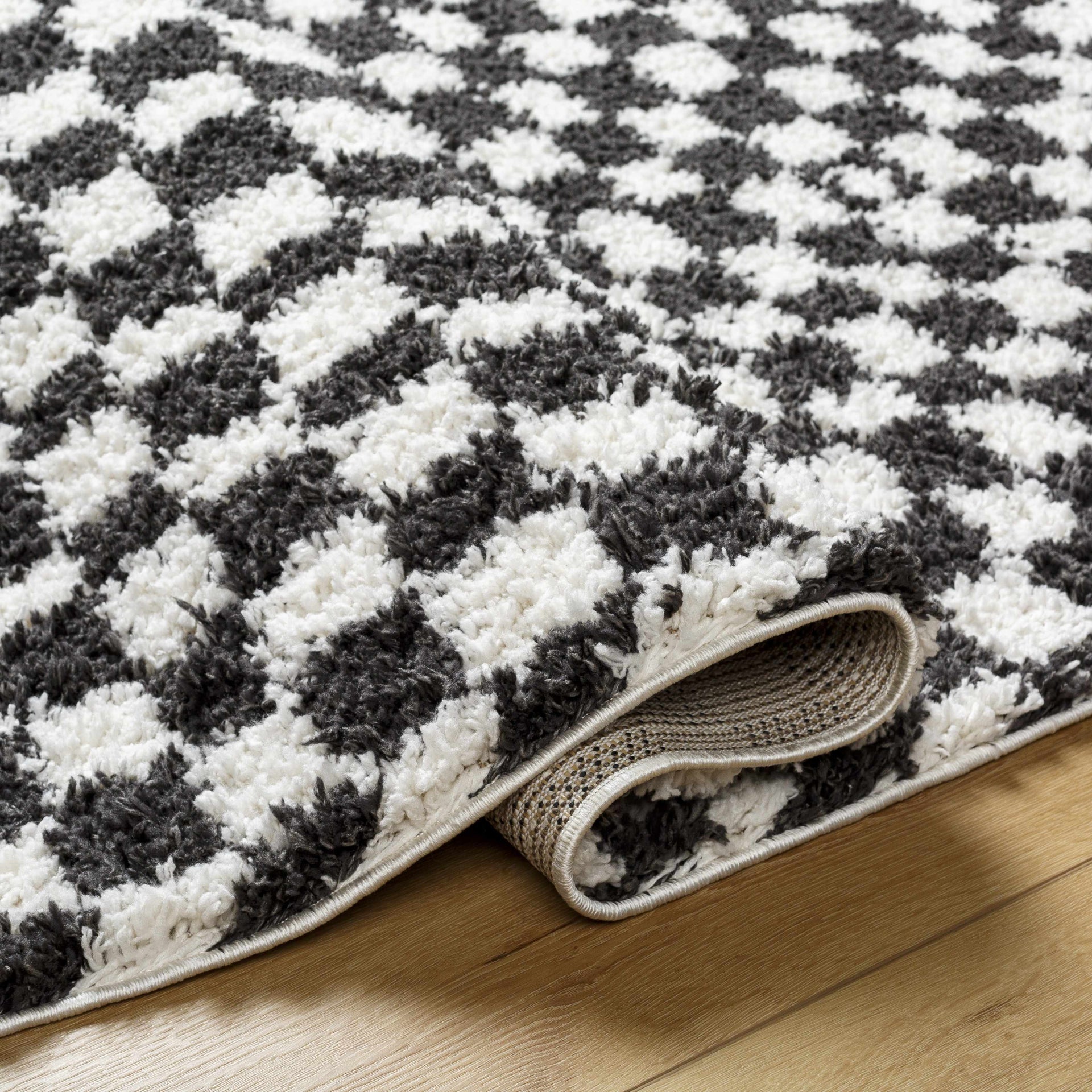 Kieu Black & White Checkered Shag Rug