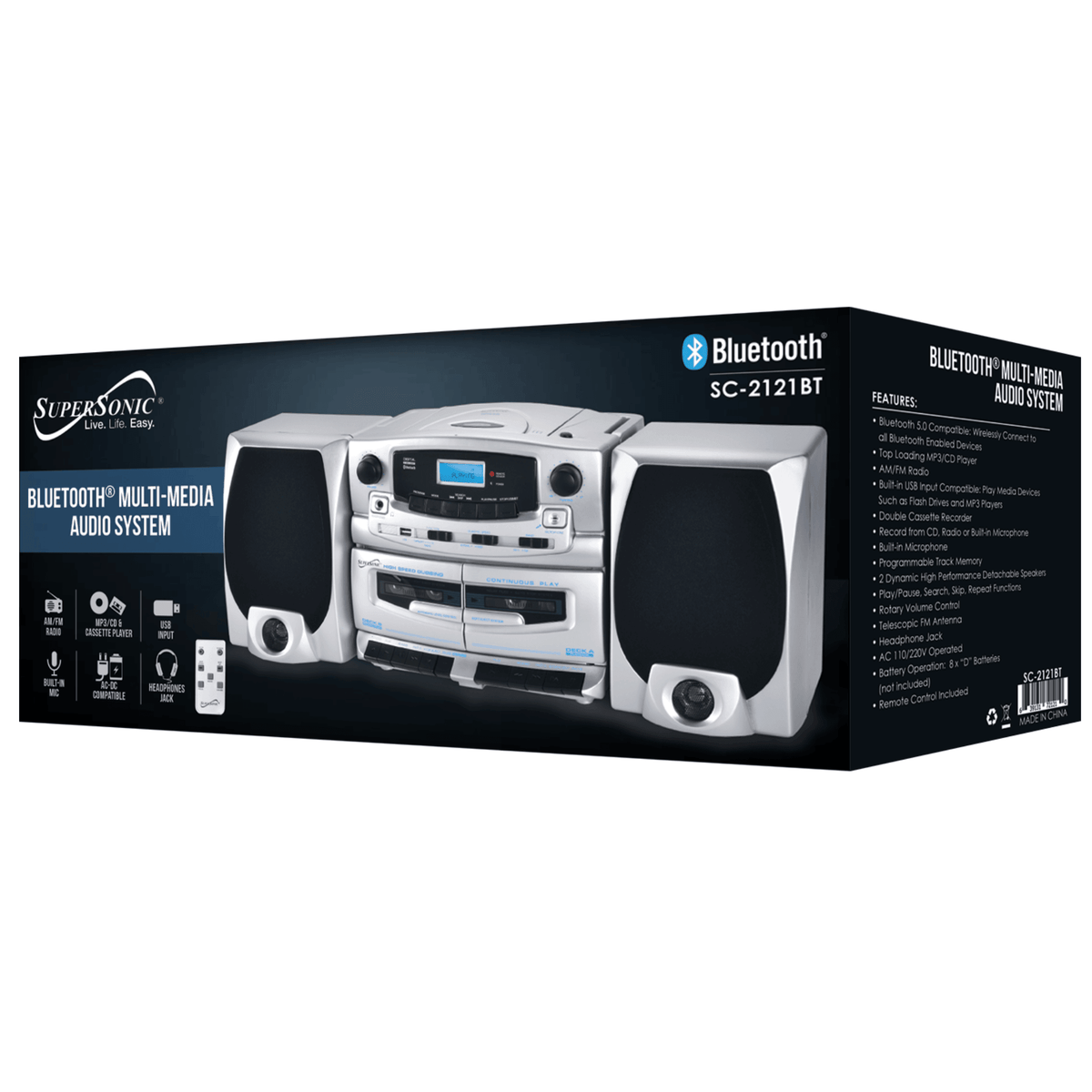 Supersonic Bluetooth Audio System with Double Cassette Recorder & Built-In Mic
