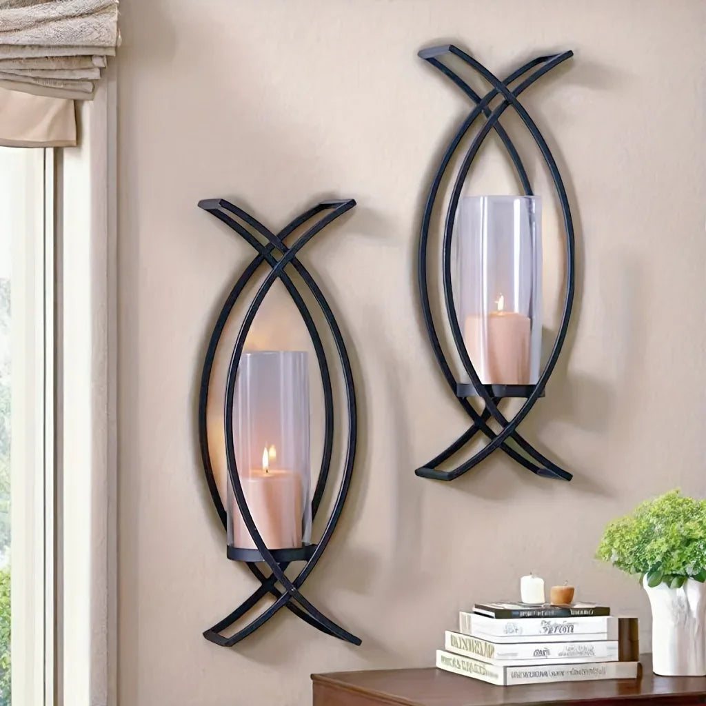 SET OF 2 WALL CANDLE HOLDER with GLASS SHADE
