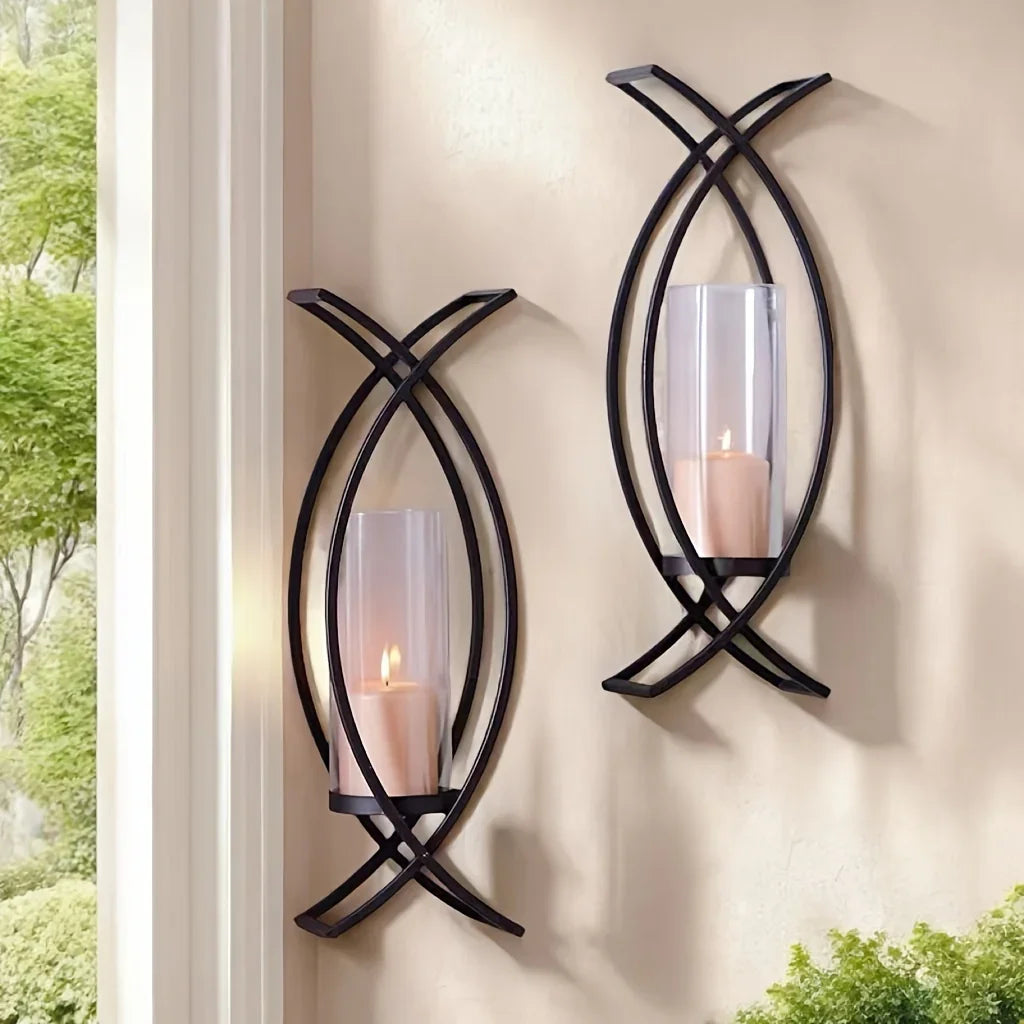 SET OF 2 WALL CANDLE HOLDER with GLASS SHADE