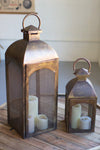 SET OF TWO ANTIQUE BRONZE LANTERNS WITH WIRE SCREEN