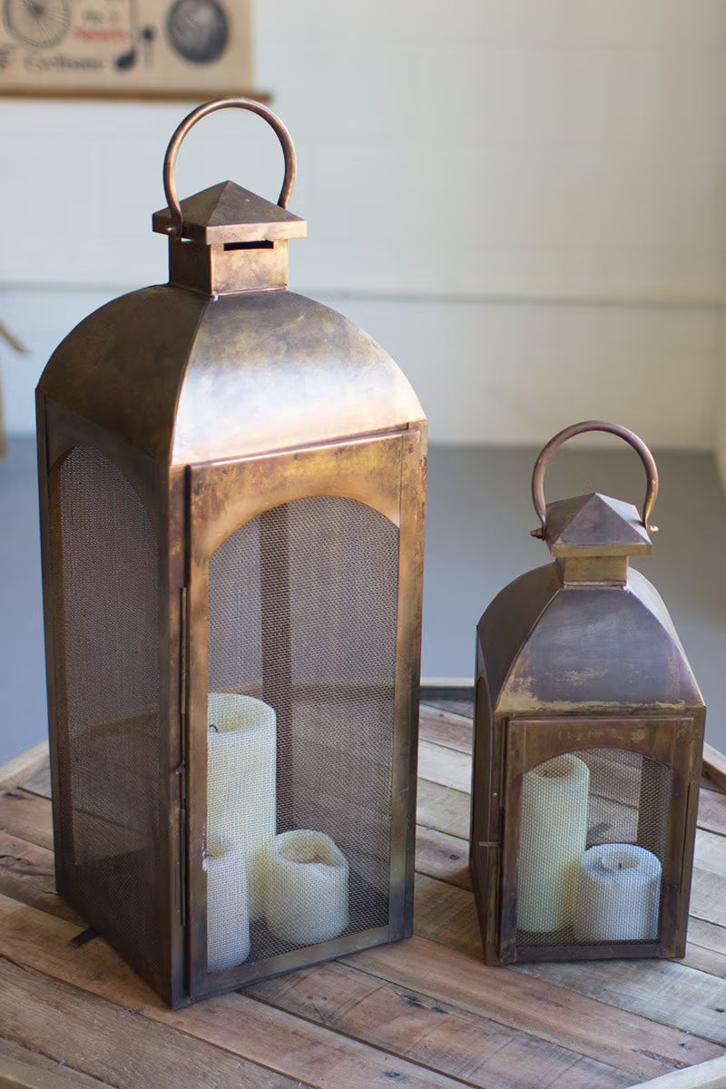 SET OF TWO ANTIQUE BRONZE LANTERNS WITH WIRE SCREEN