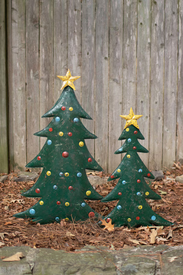 SET OF TWO HAND-HAMMERED METAL CHRISTMAS TREE YARD STAKES