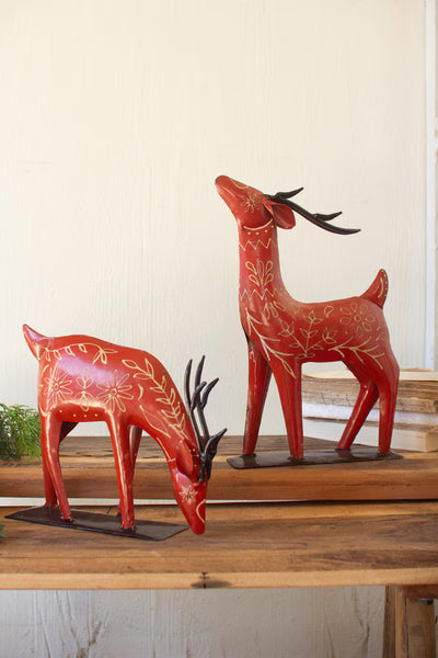 SET OF TWO  PAINTED RECYCLED  METAL  FOLK REINDEER