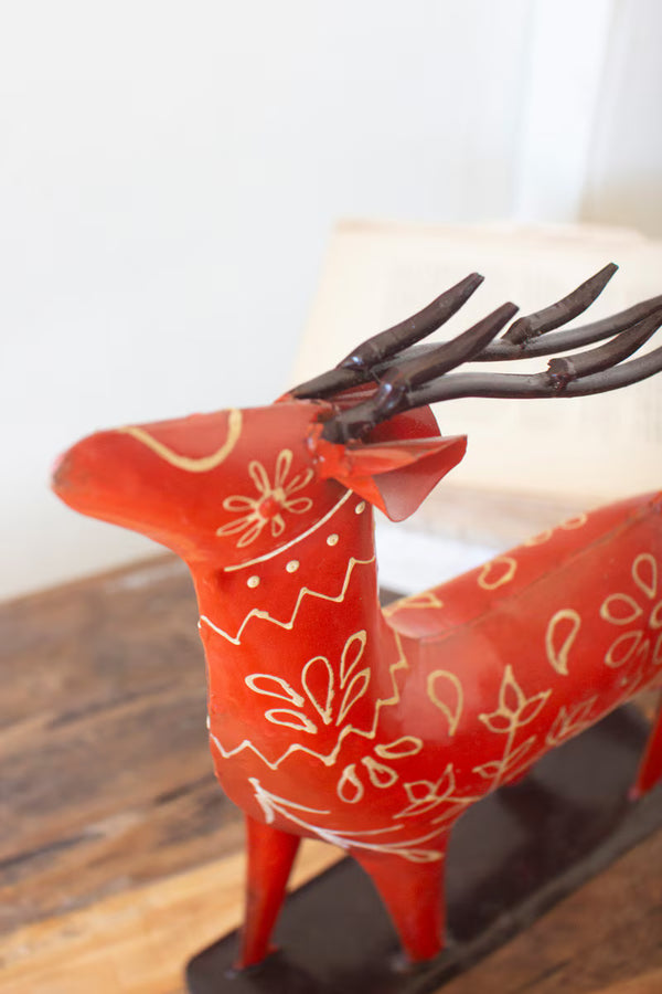 SET OF TWO  PAINTED RECYCLED  METAL  FOLK REINDEER