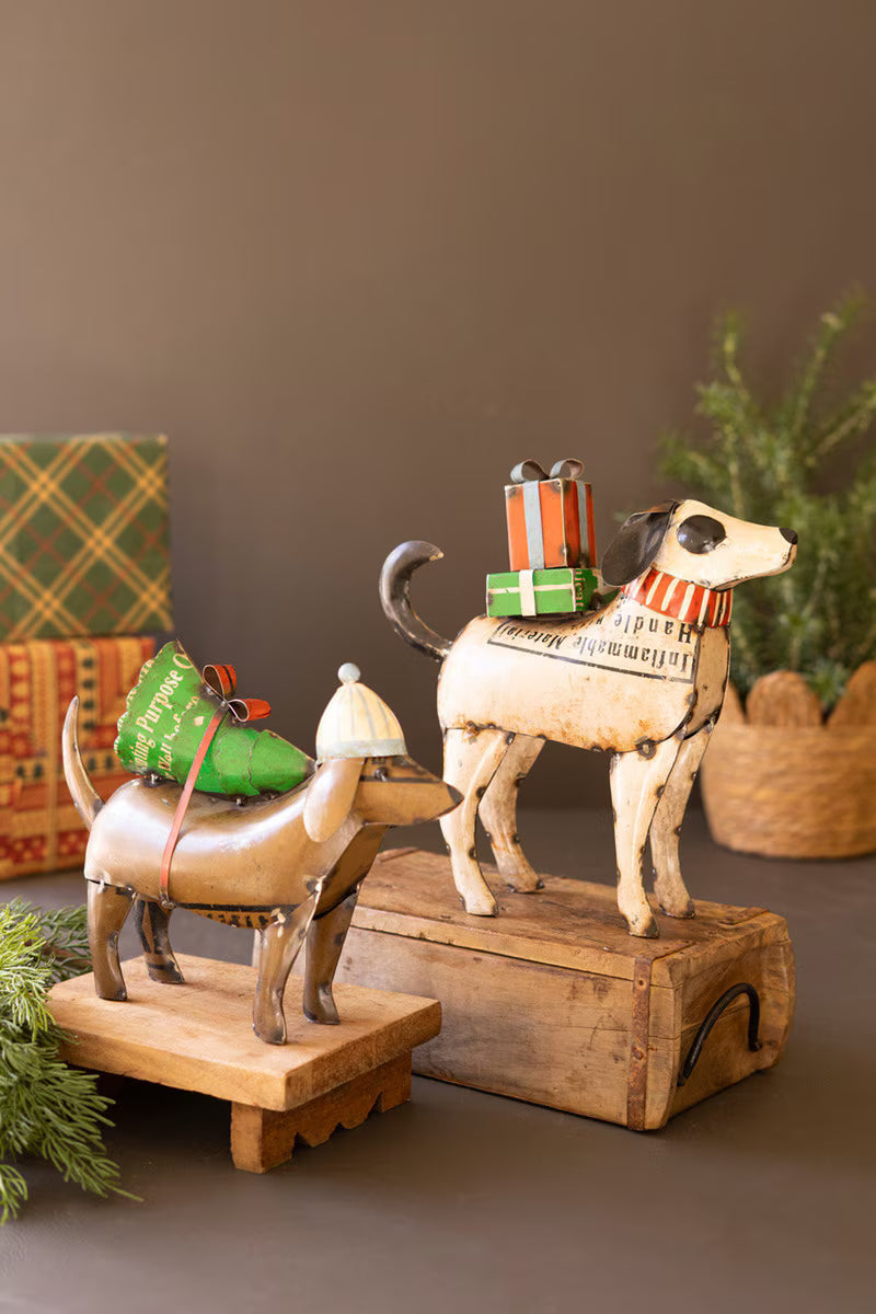 SET OF TWO RECYCLED METAL CHRISTMAS DOGS