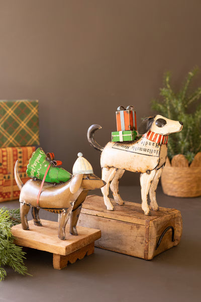SET OF TWO RECYCLED METAL CHRISTMAS DOGS