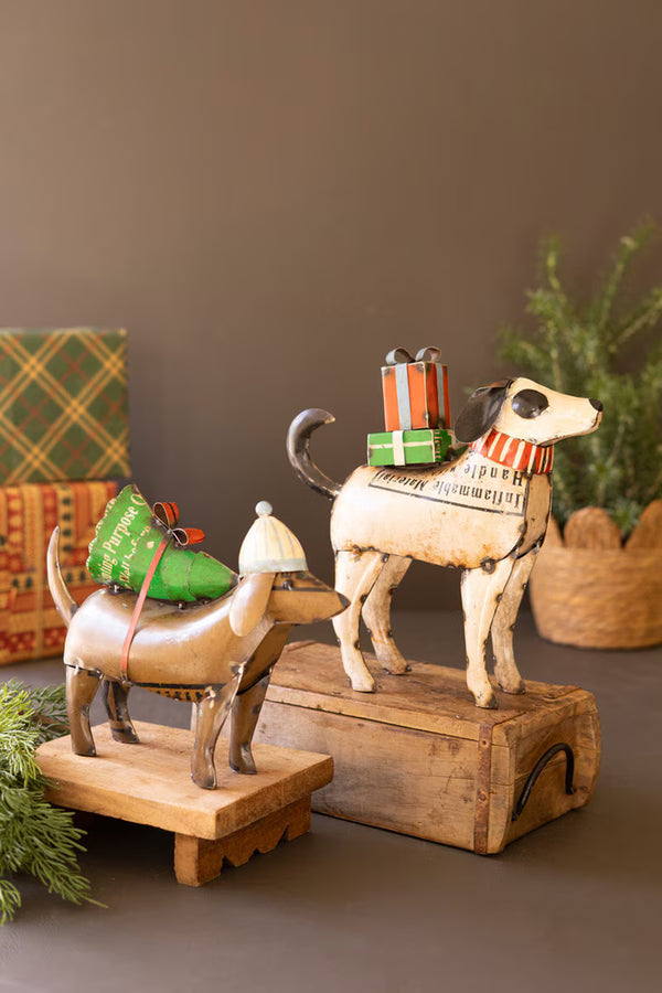 SET OF TWO RECYCLED METAL CHRISTMAS DOGS