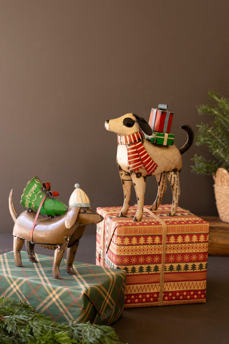 SET OF TWO RECYCLED METAL CHRISTMAS DOGS