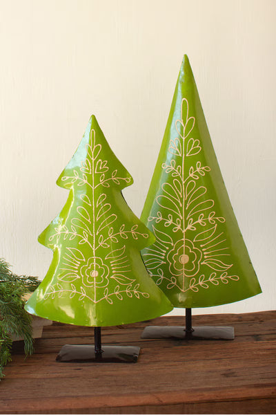 SET OF TWO RECYCLED PAINTED METAL FOLK CHRISTMAS TREES