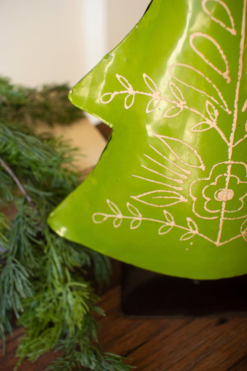 SET OF TWO RECYCLED PAINTED METAL FOLK CHRISTMAS TREES