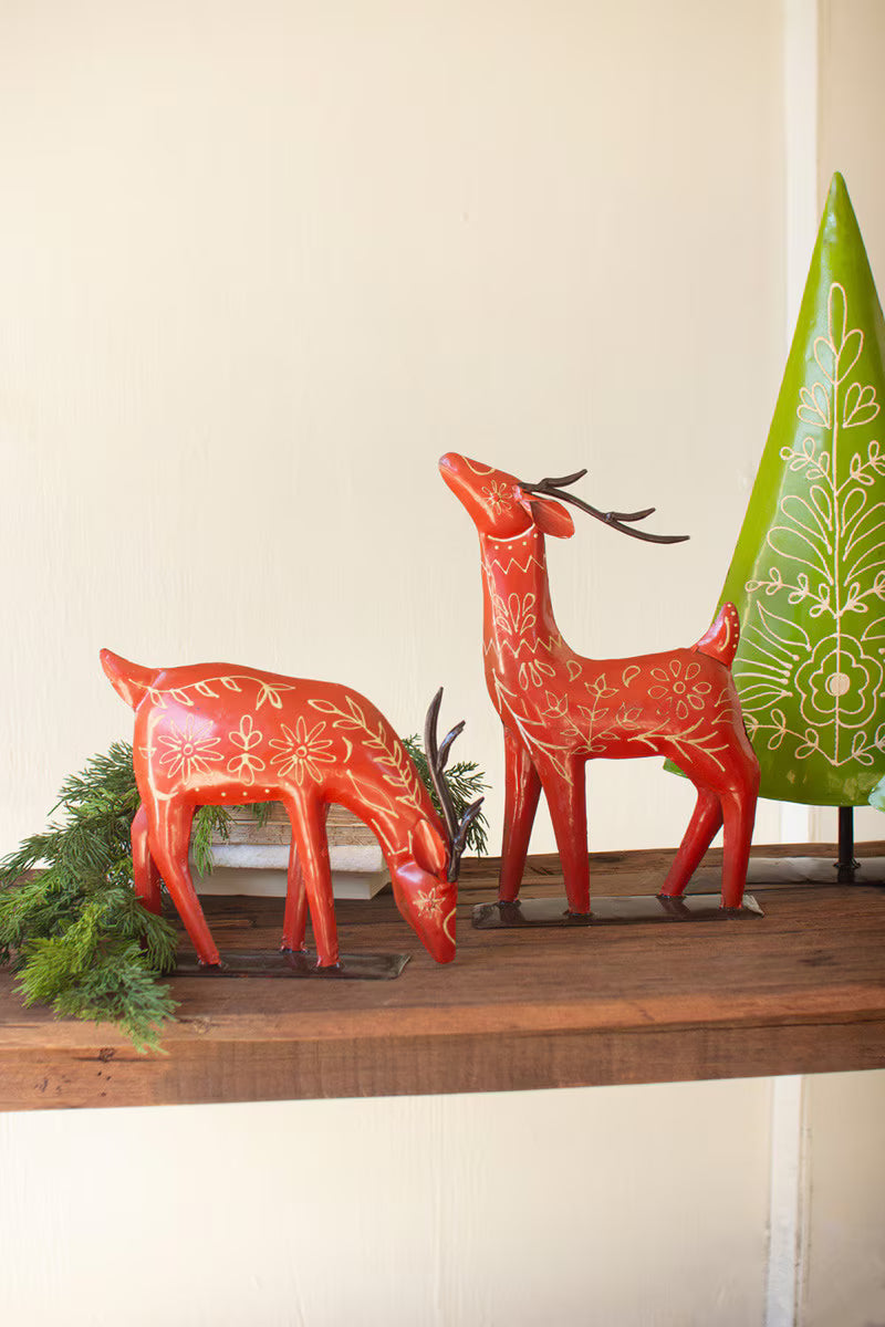 SET OF TWO RECYCLED PAINTED METAL FOLK CHRISTMAS TREES