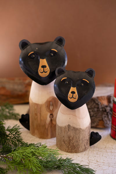 SET OF TWO  RECYCLED WOOD AND IRON BLACK BEARS