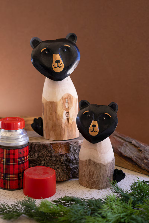 SET OF TWO  RECYCLED WOOD AND IRON BLACK BEARS