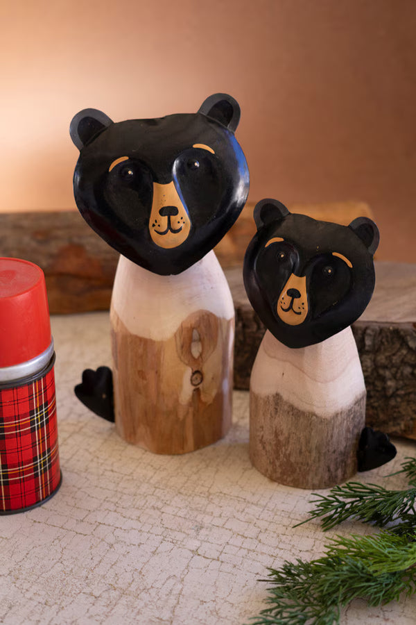 SET OF TWO  RECYCLED WOOD AND IRON BLACK BEARS