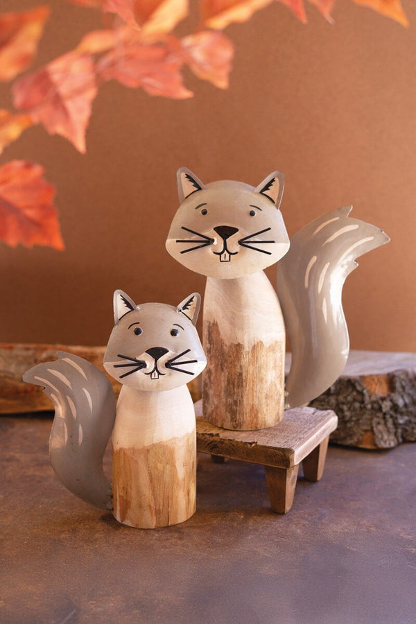 SET OF TWO RECYCLED WOOD AND IRON SQUIRRELS