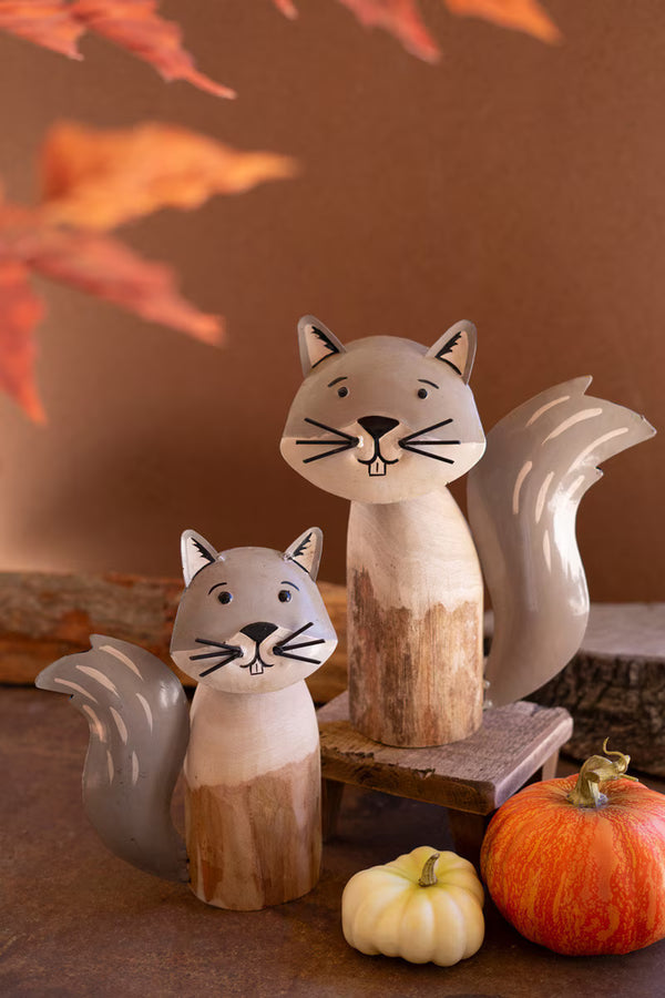 SET OF TWO RECYCLED WOOD AND IRON SQUIRRELS