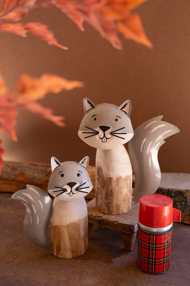 SET OF TWO RECYCLED WOOD AND IRON SQUIRRELS