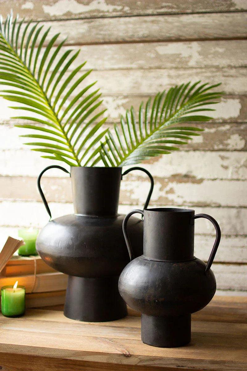 SET OF TWO WAXED BLACK METAL URNS WITH HANDLES - Gifts for You 'n Me