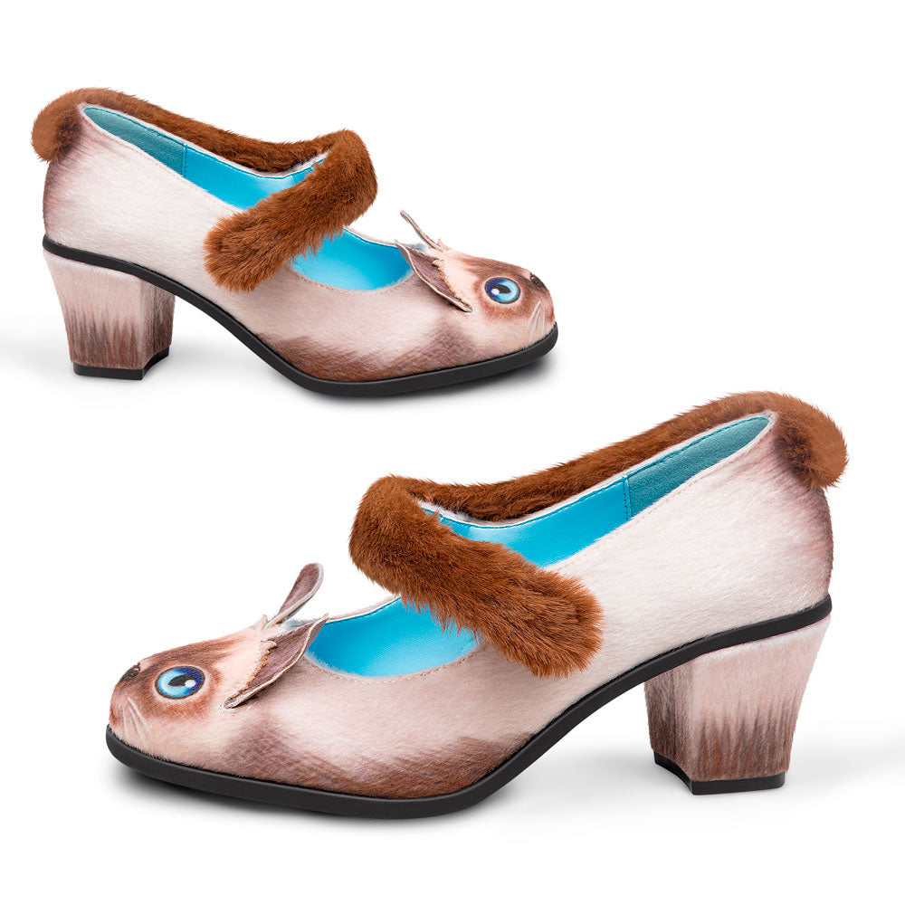 Pair of shoes with fish design and brown fur trim on a white background
