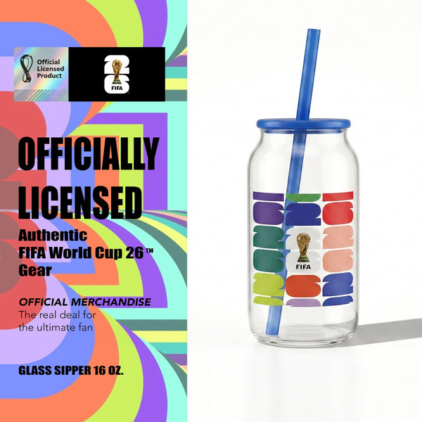 FIFA Trophy Glass Sipper with Blue Plastic Lid & Straw 18 OZ.