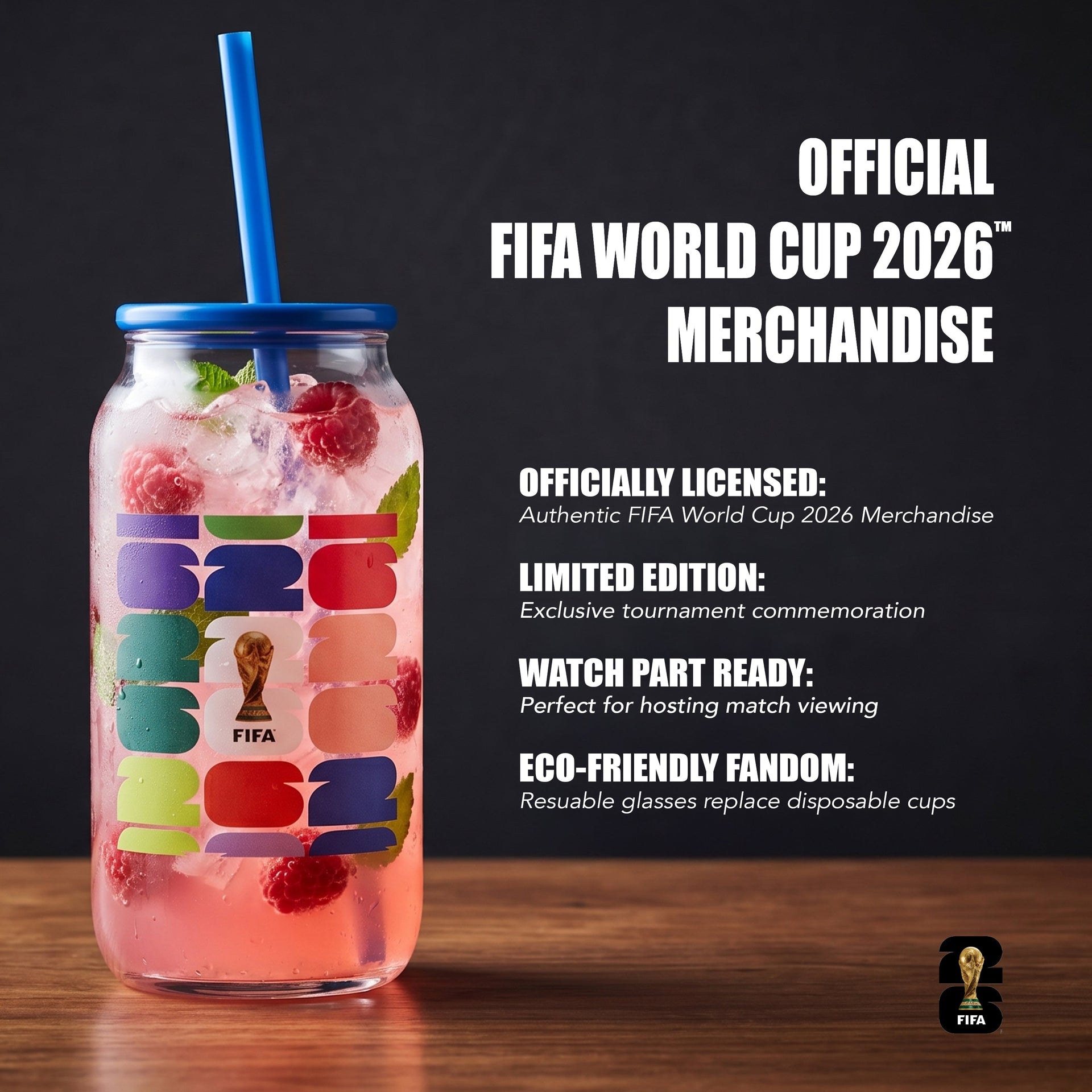 FIFA Trophy Glass Sipper with Blue Plastic Lid & Straw 18 OZ.
