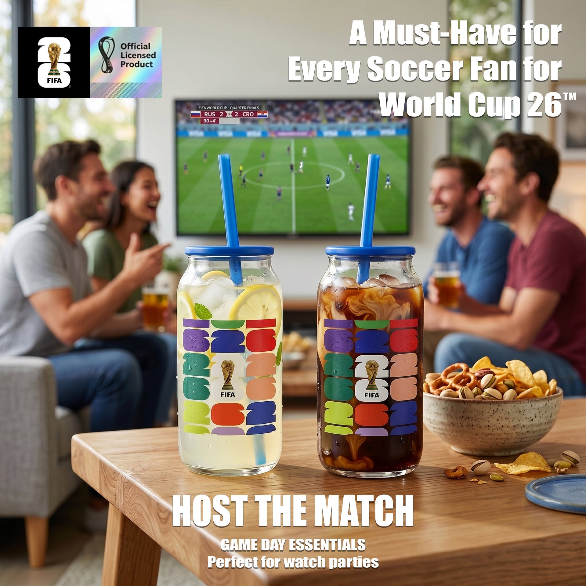 FIFA Trophy Glass Sipper with Blue Plastic Lid & Straw 18 OZ.
