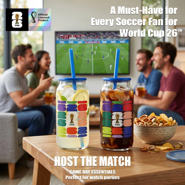 FIFA Trophy Glass Sipper with Blue Plastic Lid & Straw 18 OZ.