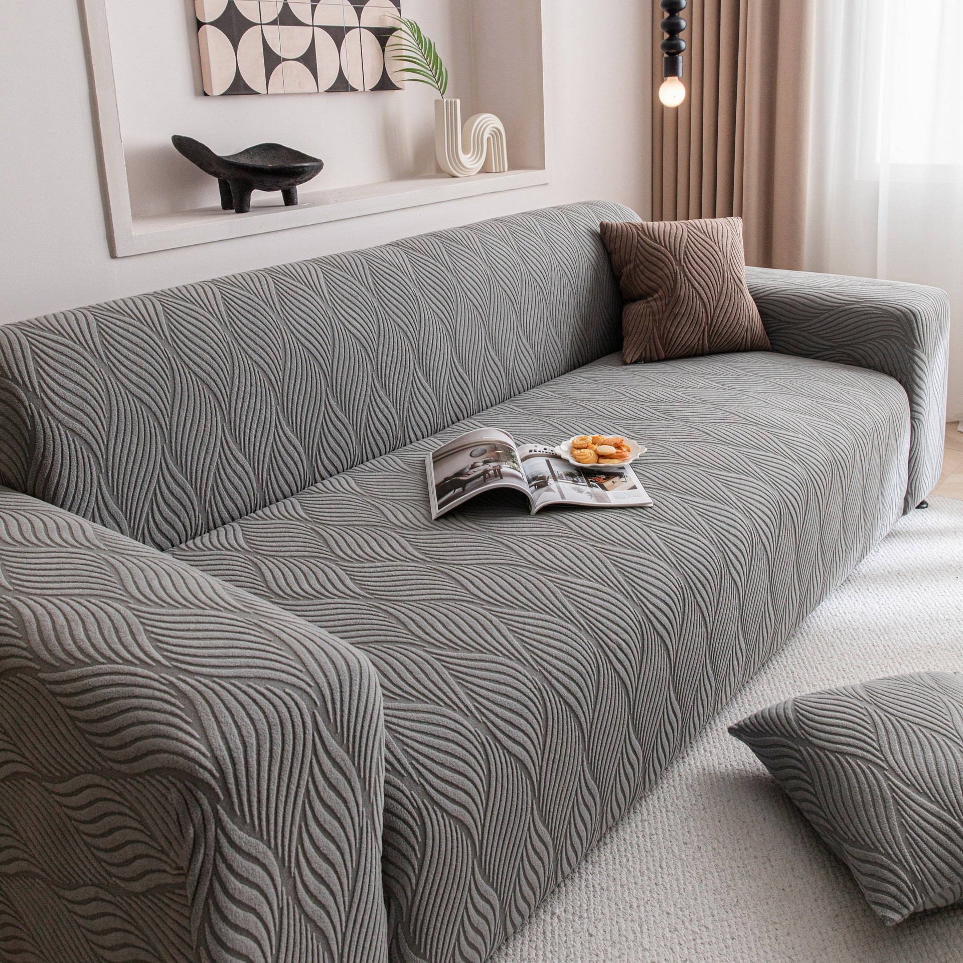 Modern Wavy Jacquard Sofa Slipcover, High Stretch Sofa Cover with 3D Organic Texture