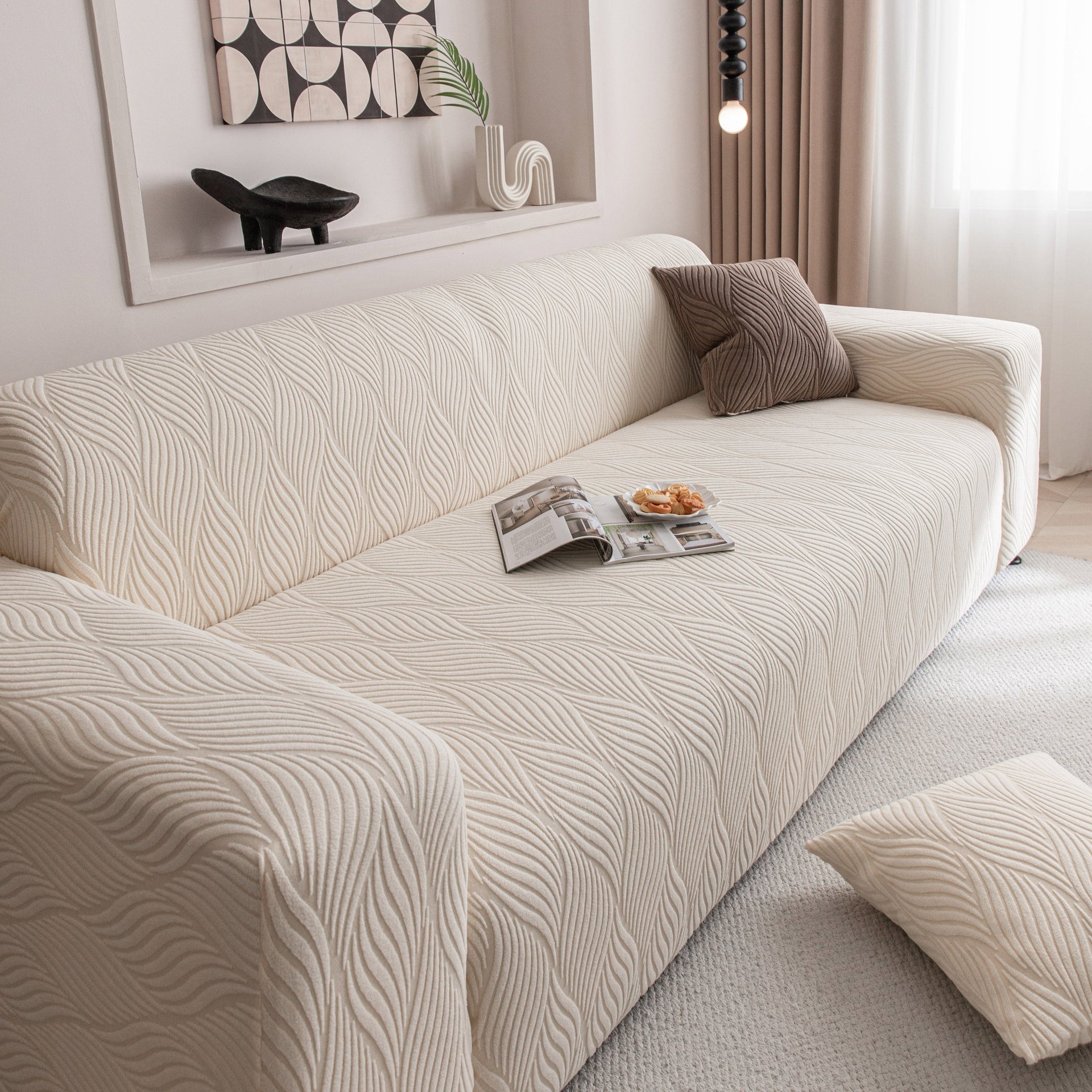 Modern Wavy Jacquard Sofa Slipcover, High Stretch Sofa Cover with 3D Organic Texture