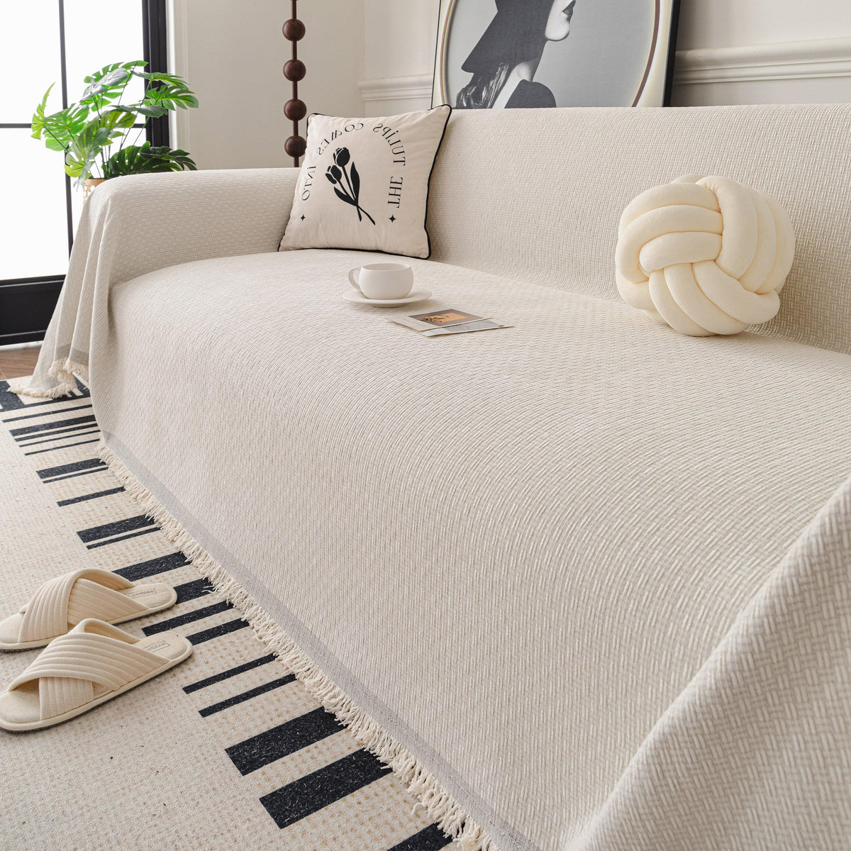 Textured Woven Modern Sofa Cover, Natural Blend Decorative Couch Throw Blanket