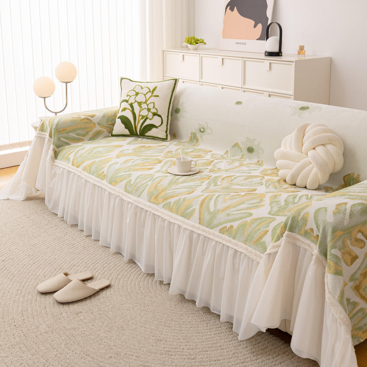 Botanical Sofa Cover with Chiffon Skirt, Floral Couch Throw Blanket for All-Season