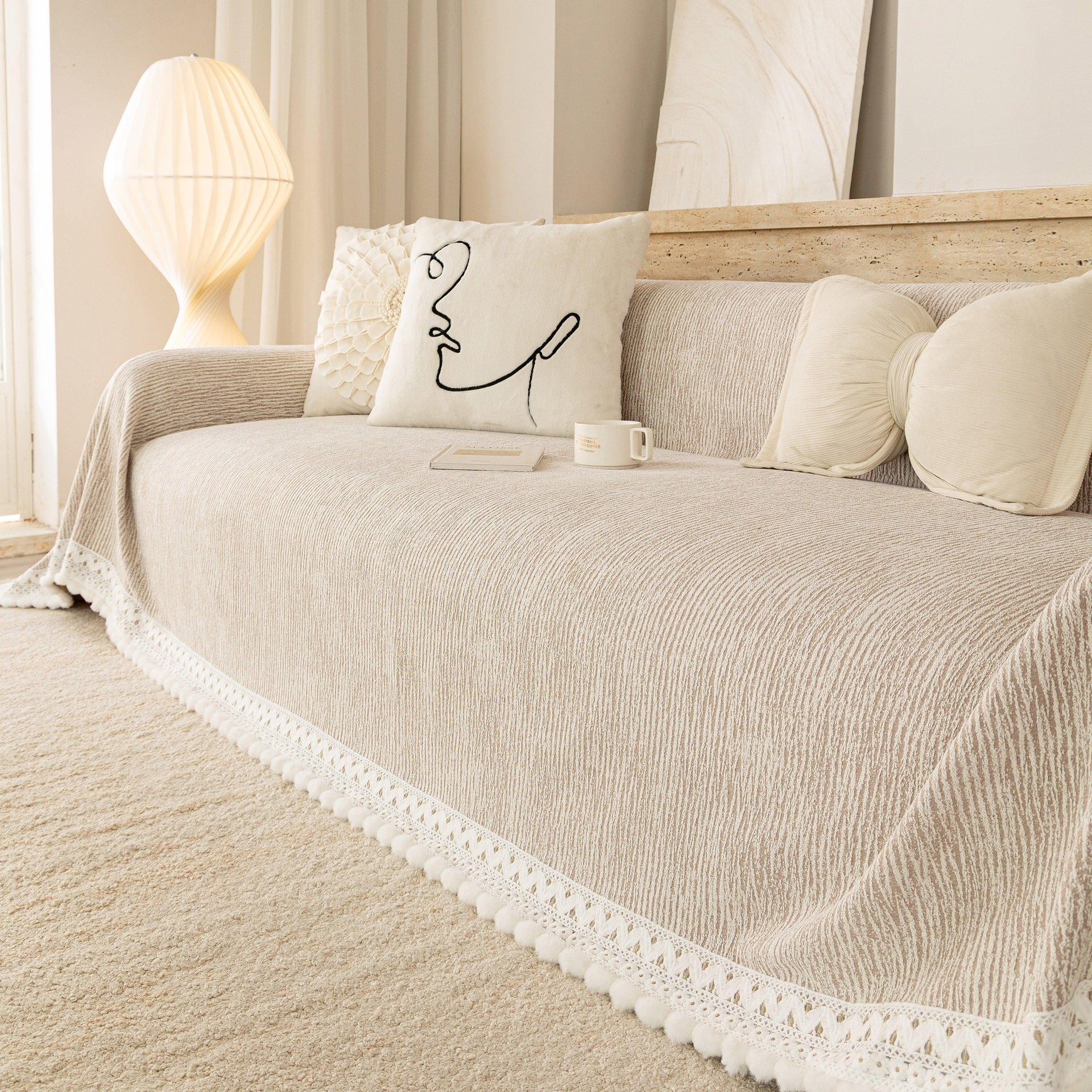 Sofa Cover Throw with Lace Trim & Pom-Pom Fringe, Decorative Couch Cover Blanket
