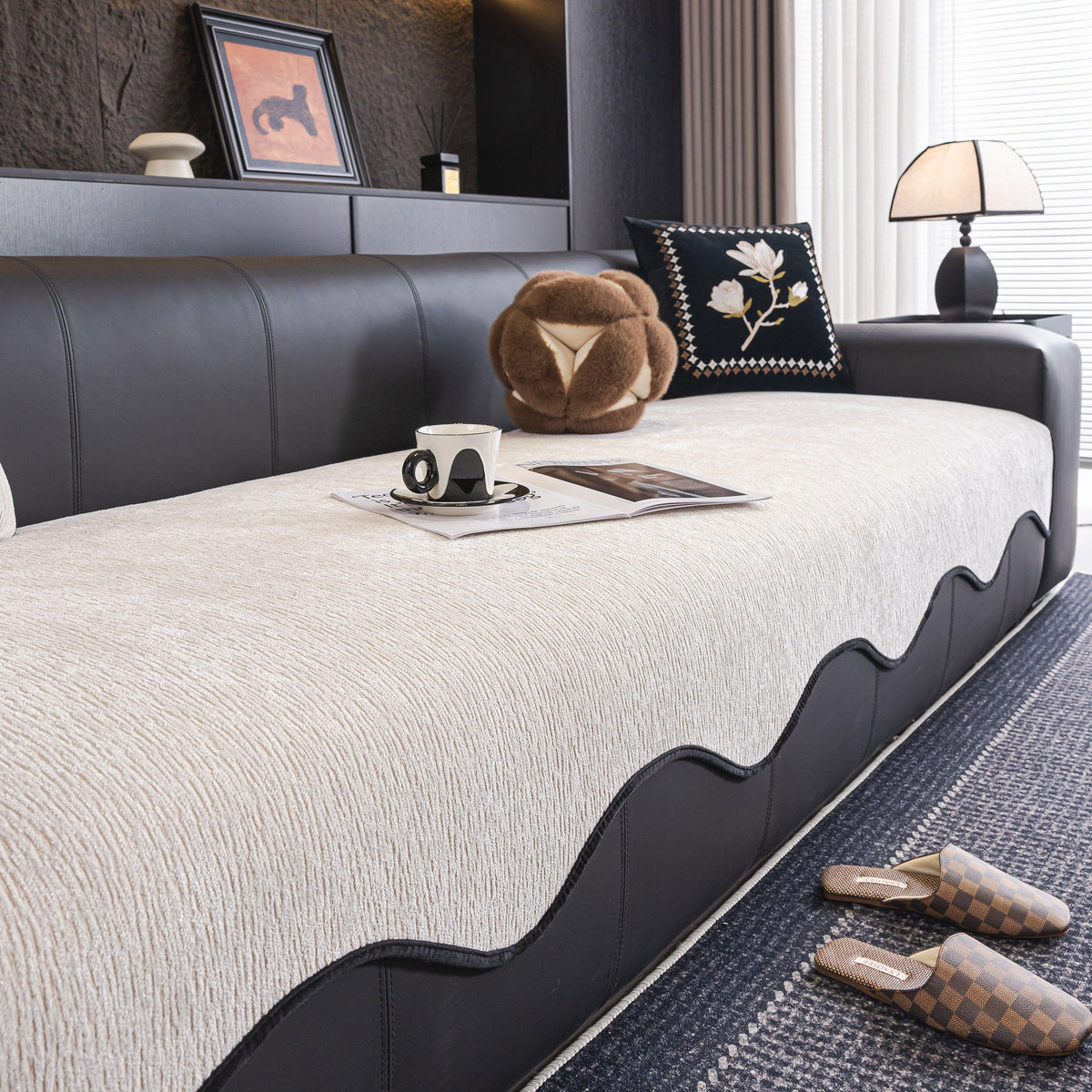 Chenille Couch Cover with Scalloped Edge, Non-Slip Modular Slipcover Sectional
