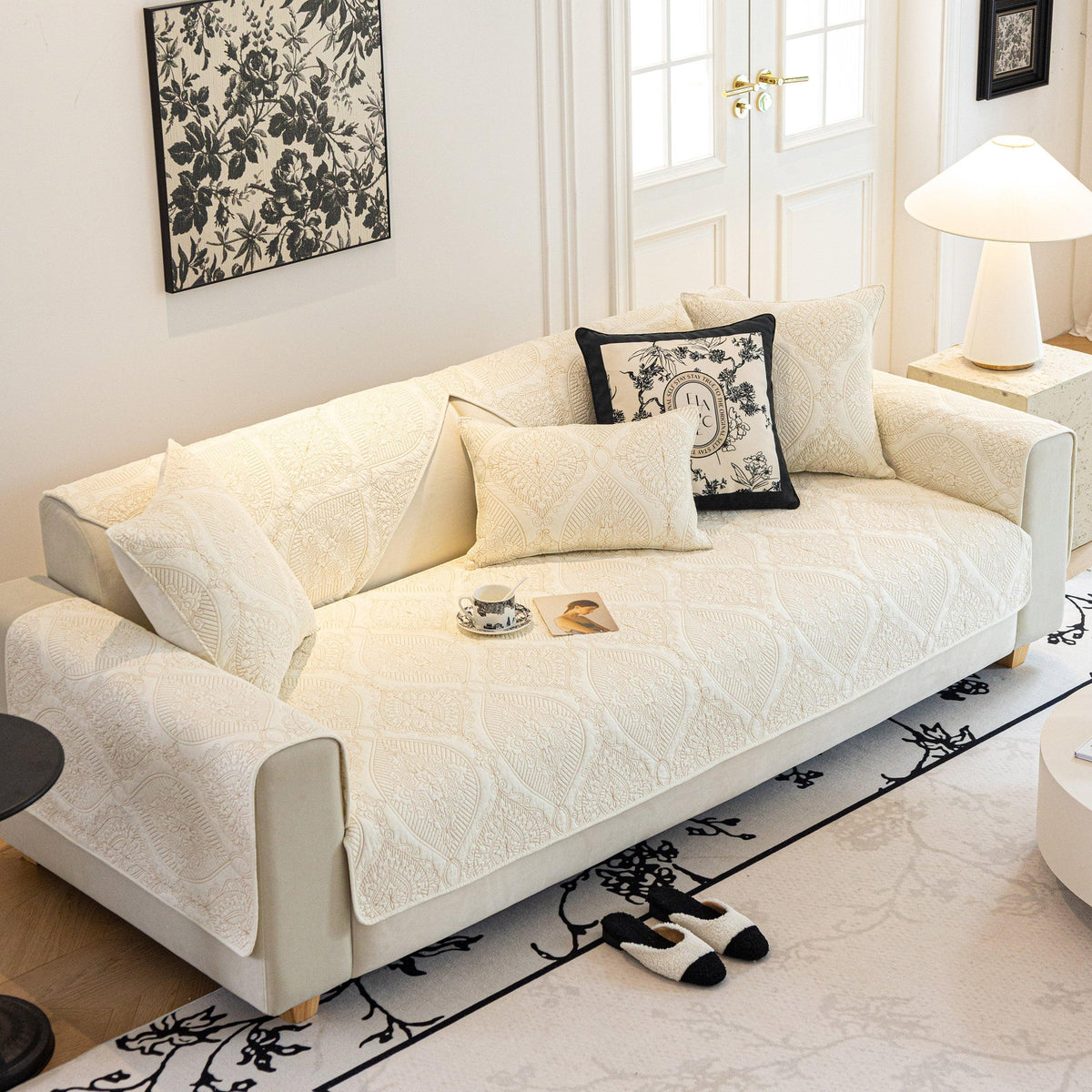Baroque Sofa Cover – Quilted Cotton, Non-Slip, Washable with Ornate Embroidery